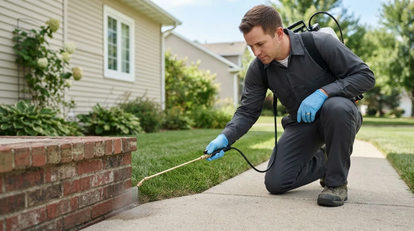 Pest control technician treating a home near Bedias, TX