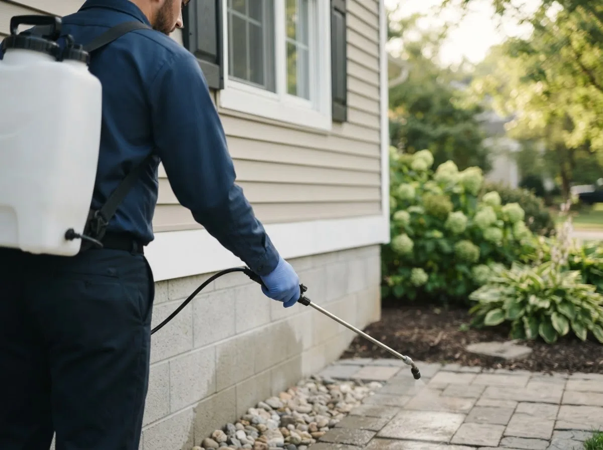 Pest control technician inspecting a home in Bedias, TX